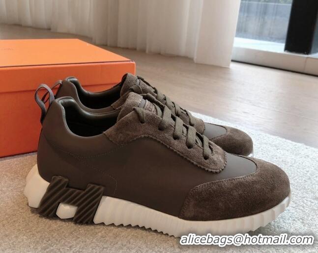 Sumptuous Hermes Bouncing Sneakers in Suede and Calfskin Khaki 815008