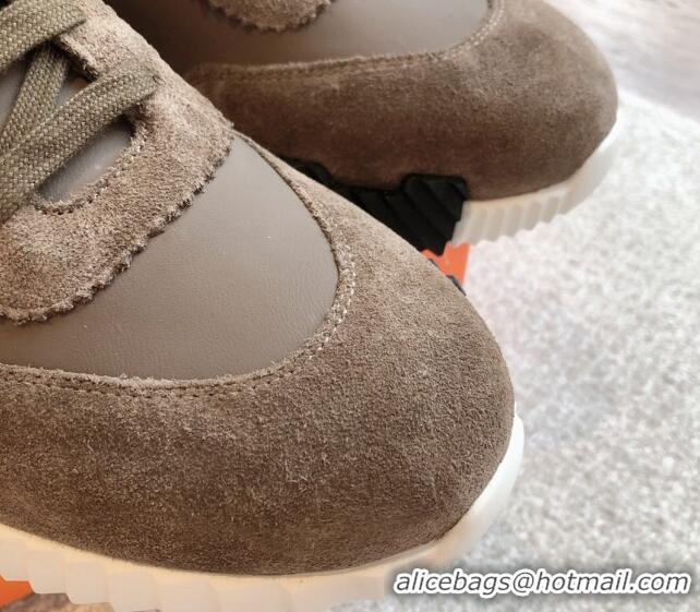 Sumptuous Hermes Bouncing Sneakers in Suede and Calfskin Khaki 815008