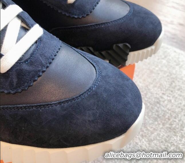 Grade Quality Hermes Bouncing Sneakers in Suede and Calfskin Dark Blue/Black 815010