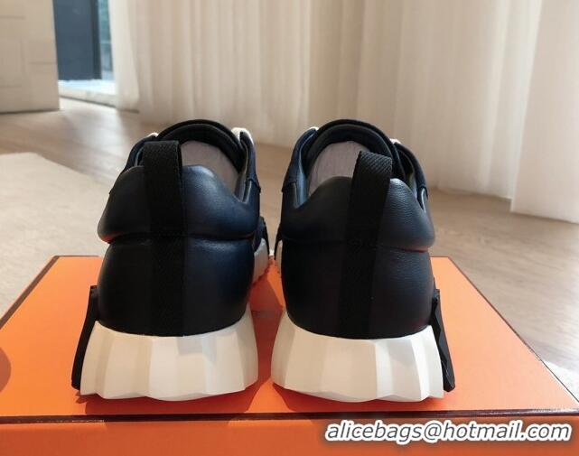 Grade Quality Hermes Bouncing Sneakers in Suede and Calfskin Dark Blue/Black 815010