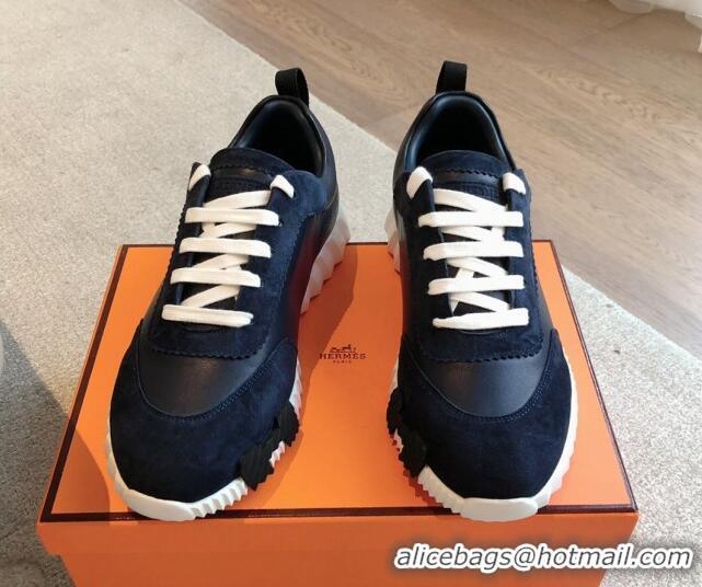 Grade Quality Hermes Bouncing Sneakers in Suede and Calfskin Dark Blue/Black 815010