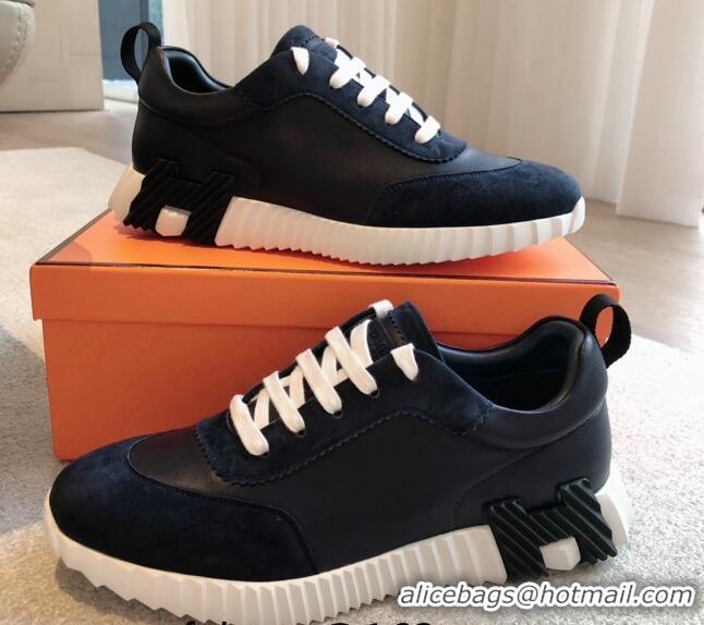 Grade Quality Hermes Bouncing Sneakers in Suede and Calfskin Dark Blue/Black 815010