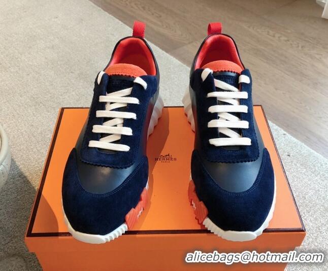 Popular Style Hermes Bouncing Sneakers in Suede and Calfskin Blue/Orange 815011