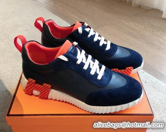 Popular Style Hermes Bouncing Sneakers in Suede and Calfskin Blue/Orange 815011