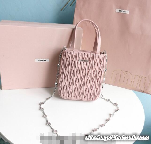 Buy Cheap Miu Miu Matelasse nappa leather mini tote bag with crystal chain 5BA220 Light Pink 2024