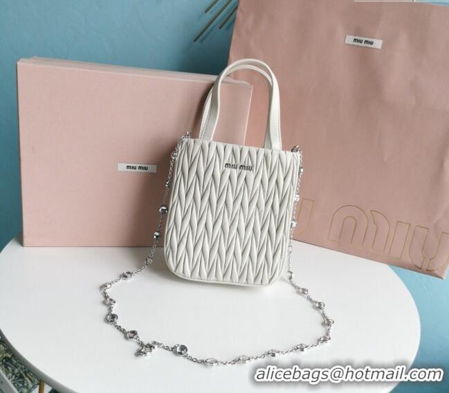 Super Quality Miu Miu Matelassé nappa leather mini tote bag with crystal chain 5BA220 White 2024