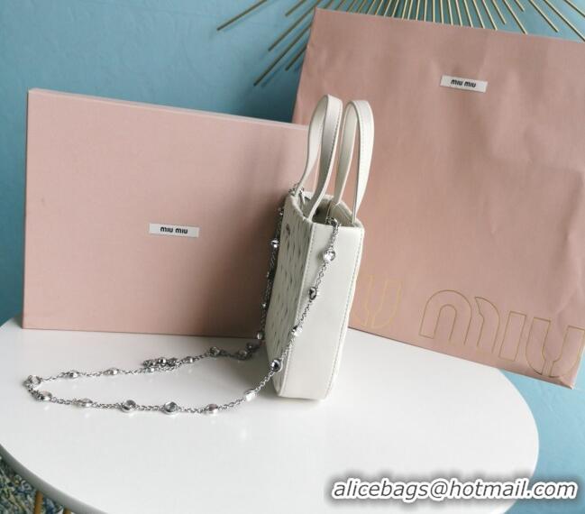 Super Quality Miu Miu Matelassé nappa leather mini tote bag with crystal chain 5BA220 White 2024