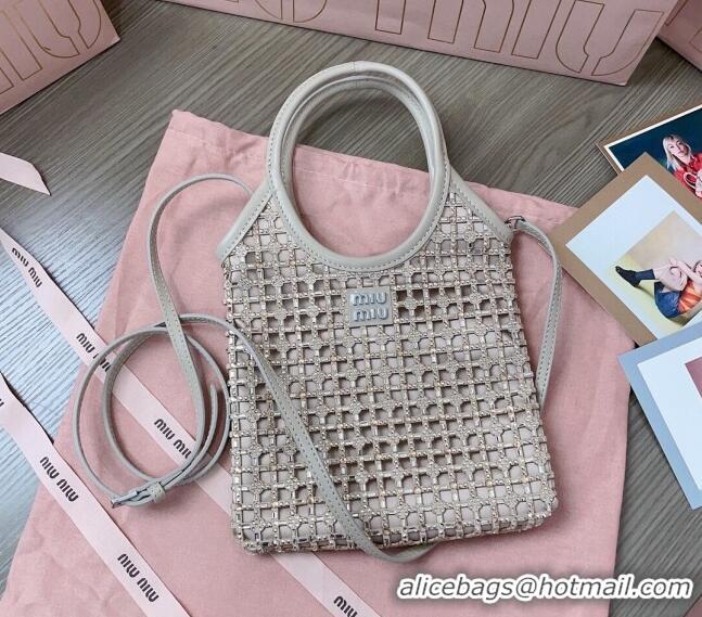 Famous Brand Miu Miu Satin handbag with mesh crystals 5BA281 Light Grey 2024