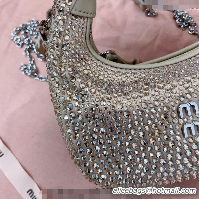 Super Quality Miu Miu Wander satin mini hobo bag with synthetic crystals 5BP078 Beige 2024