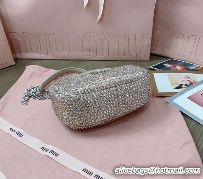 Super Quality Miu Miu Wander satin mini hobo bag with synthetic crystals 5BP078 Beige 2024