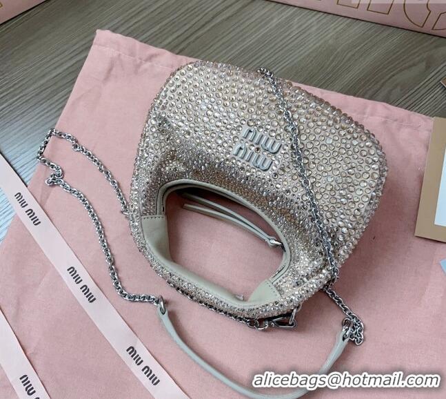 Super Quality Miu Miu Wander satin mini hobo bag with synthetic crystals 5BP078 Beige 2024