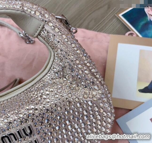 Super Quality Miu Miu Wander satin mini hobo bag with synthetic crystals 5BP078 Beige 2024