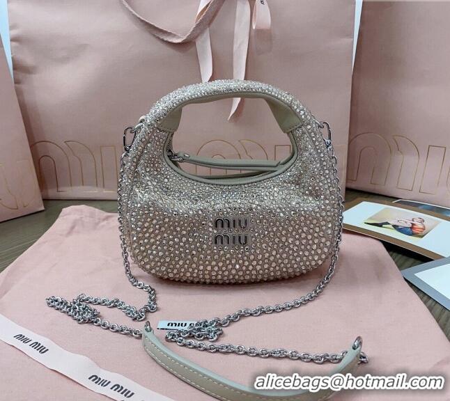 Super Quality Miu Miu Wander satin mini hobo bag with synthetic crystals 5BP078 Beige 2024