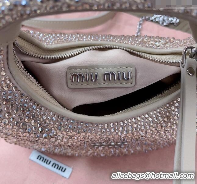 Super Quality Miu Miu Wander satin mini hobo bag with synthetic crystals 5BP078 Beige 2024