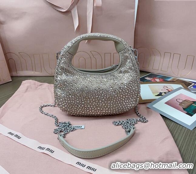 Super Quality Miu Miu Wander satin mini hobo bag with synthetic crystals 5BP078 Beige 2024