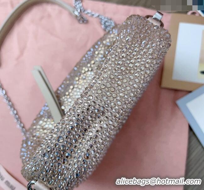 Super Quality Miu Miu Wander satin mini hobo bag with synthetic crystals 5BP078 Beige 2024