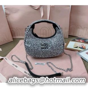 Best Price Miu Miu Wander satin mini hobo bag with synthetic crystals 5BP078 Black 2024