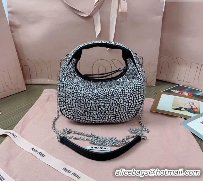 Best Price Miu Miu Wander satin mini hobo bag with synthetic crystals 5BP078 Black 2024