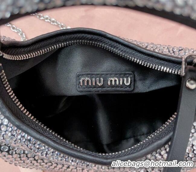 Best Price Miu Miu Wander satin mini hobo bag with synthetic crystals 5BP078 Black 2024