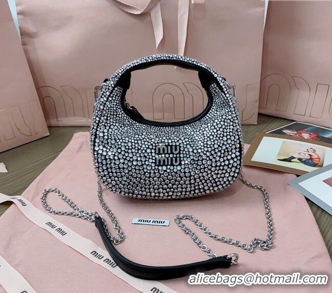 Best Price Miu Miu Wander satin mini hobo bag with synthetic crystals 5BP078 Black 2024