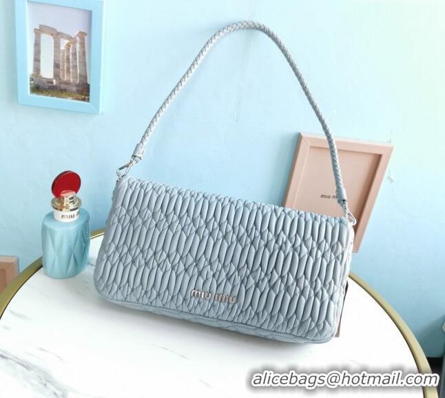 Buy Fashionable Miu Miu Iconic Crystal Cloque Nappa leather bag 5BD233 Pale Blue 2024