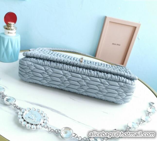 Buy Fashionable Miu Miu Iconic Crystal Cloque Nappa leather bag 5BD233 Pale Blue 2024