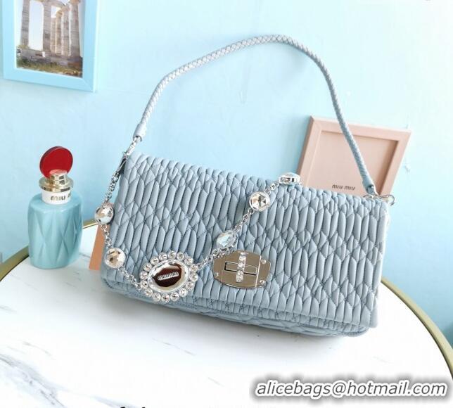 Buy Fashionable Miu Miu Iconic Crystal Cloque Nappa leather bag 5BD233 Pale Blue 2024