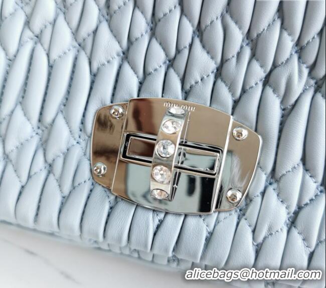 Buy Fashionable Miu Miu Iconic Crystal Cloque Nappa leather bag 5BD233 Pale Blue 2024