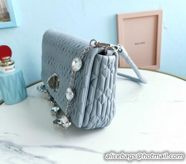 Buy Fashionable Miu Miu Iconic Crystal Cloque Nappa leather bag 5BD233 Pale Blue 2024