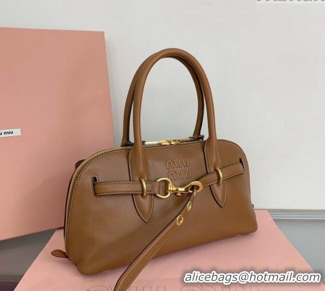 Shop Grade Miu Miu Aventure nappa leather top-handle bag 5BB168 Light Brown 2024