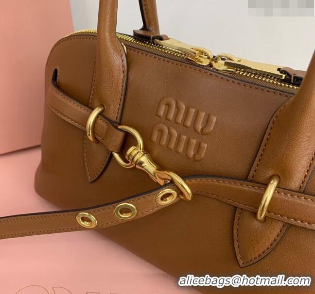 Shop Grade Miu Miu Aventure nappa leather top-handle bag 5BB168 Light Brown 2024