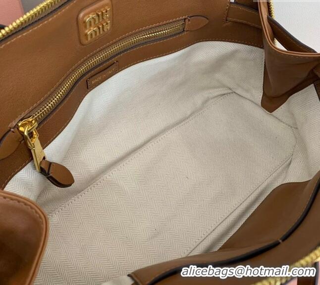 Shop Grade Miu Miu Aventure nappa leather top-handle bag 5BB168 Light Brown 2024