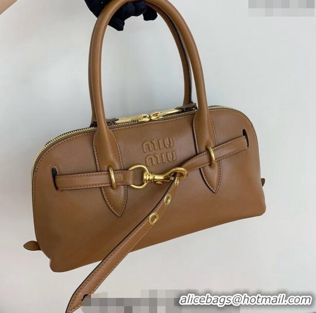 Shop Grade Miu Miu Aventure nappa leather top-handle bag 5BB168 Light Brown 2024