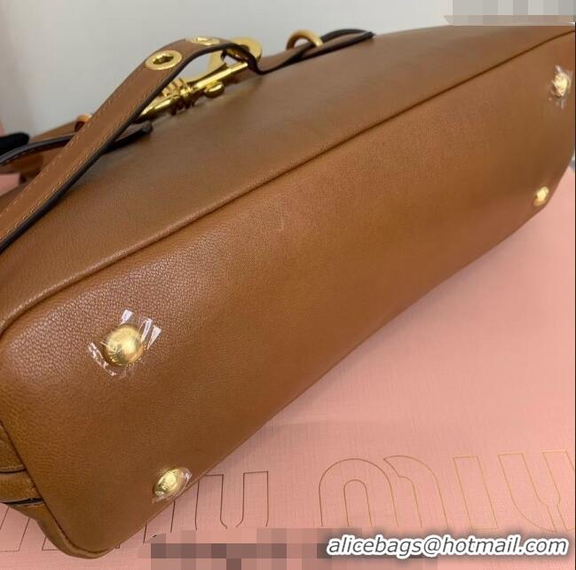 Shop Grade Miu Miu Aventure nappa leather top-handle bag 5BB168 Light Brown 2024