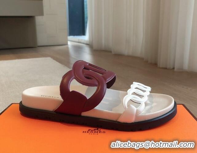 Good Product Hermes Extra Chain Flat Slide Sandals in Bicolor Calfskin White/Burgundy 815014