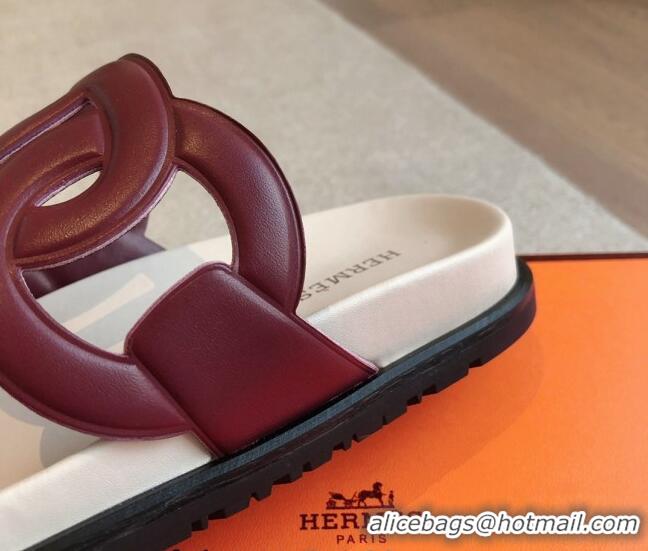 Good Product Hermes Extra Chain Flat Slide Sandals in Bicolor Calfskin White/Burgundy 815014