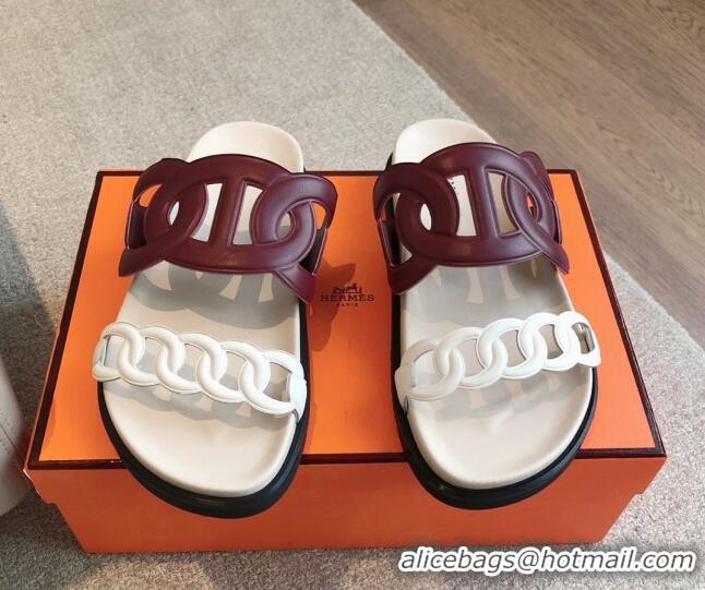 Good Product Hermes Extra Chain Flat Slide Sandals in Bicolor Calfskin White/Burgundy 815014