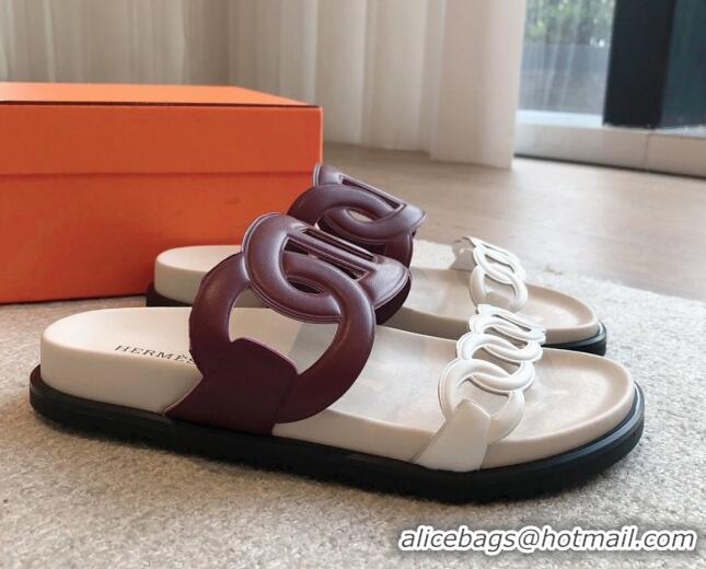 Good Product Hermes Extra Chain Flat Slide Sandals in Bicolor Calfskin White/Burgundy 815014