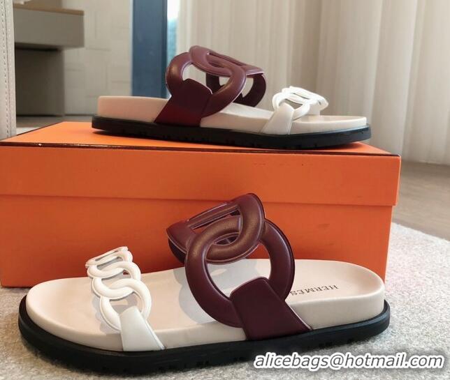 Good Product Hermes Extra Chain Flat Slide Sandals in Bicolor Calfskin White/Burgundy 815014