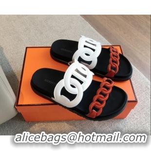 Purchase Hermes Extra Chain Flat Slide Sandals in Suede and Calfskin White/Orange 815015