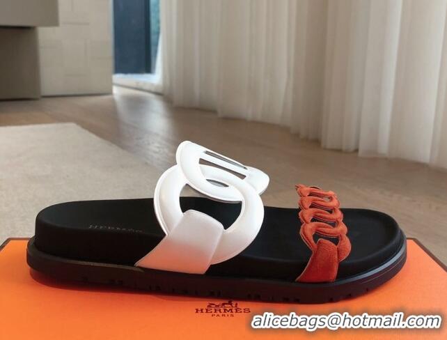 Purchase Hermes Extra Chain Flat Slide Sandals in Suede and Calfskin White/Orange 815015