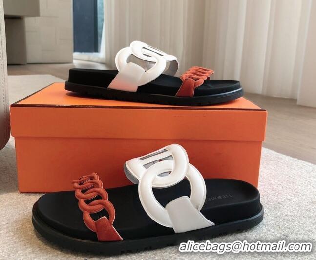 Purchase Hermes Extra Chain Flat Slide Sandals in Suede and Calfskin White/Orange 815015