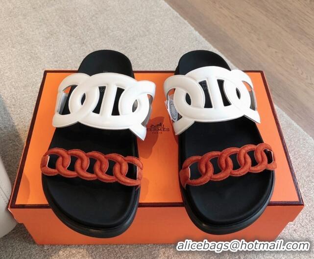 Purchase Hermes Extra Chain Flat Slide Sandals in Suede and Calfskin White/Orange 815015