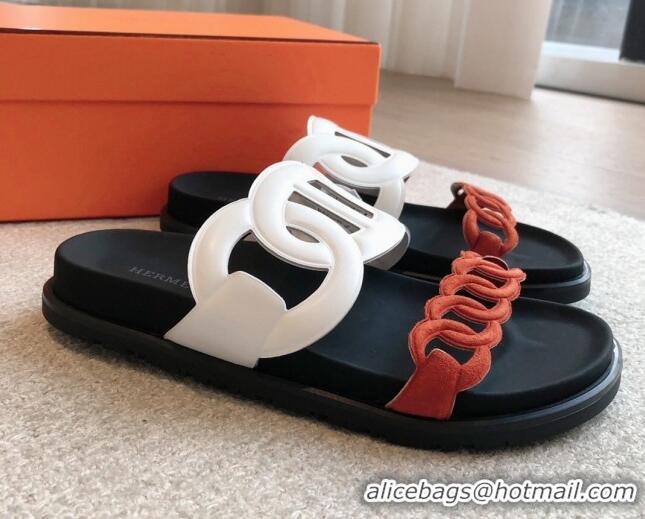 Purchase Hermes Extra Chain Flat Slide Sandals in Suede and Calfskin White/Orange 815015