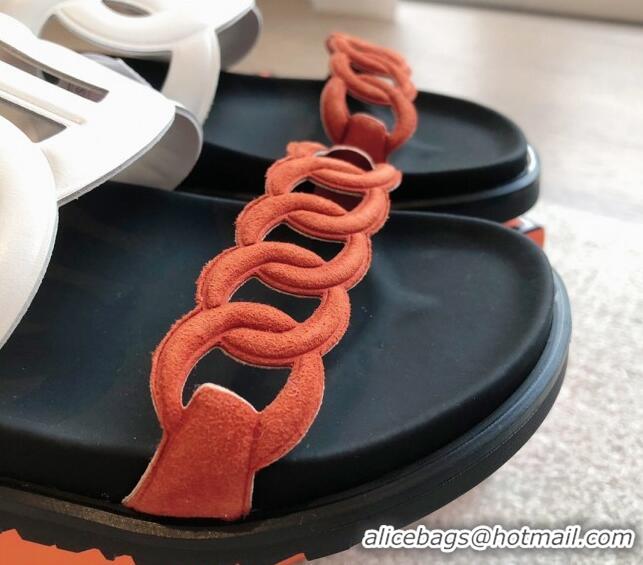 Purchase Hermes Extra Chain Flat Slide Sandals in Suede and Calfskin White/Orange 815015