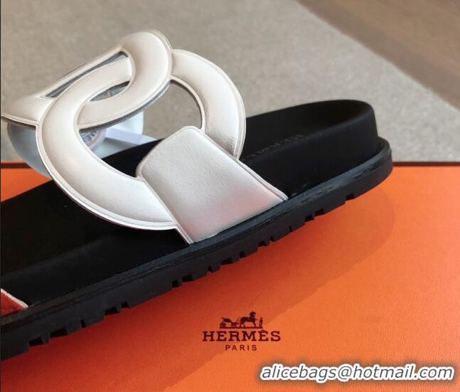 Purchase Hermes Extra Chain Flat Slide Sandals in Suede and Calfskin White/Orange 815015