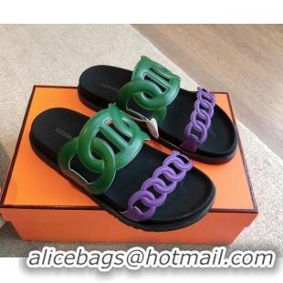 Popular Style Hermes Extra Chain Flat Slide Sandals in Bicolor Calfskin Green/Purple 815016