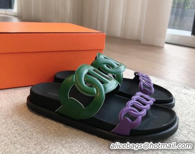 Popular Style Hermes Extra Chain Flat Slide Sandals in Bicolor Calfskin Green/Purple 815016