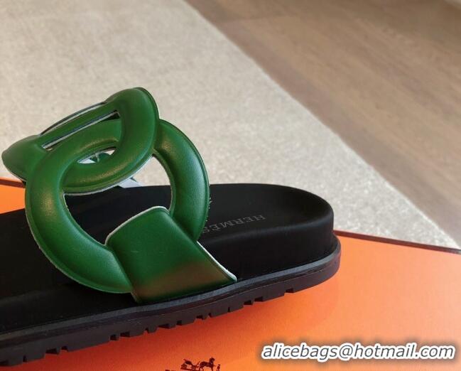 Popular Style Hermes Extra Chain Flat Slide Sandals in Bicolor Calfskin Green/Purple 815016