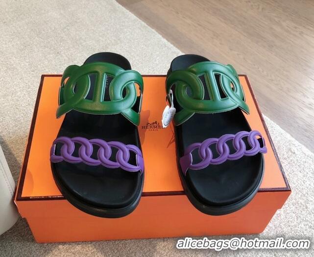 Popular Style Hermes Extra Chain Flat Slide Sandals in Bicolor Calfskin Green/Purple 815016